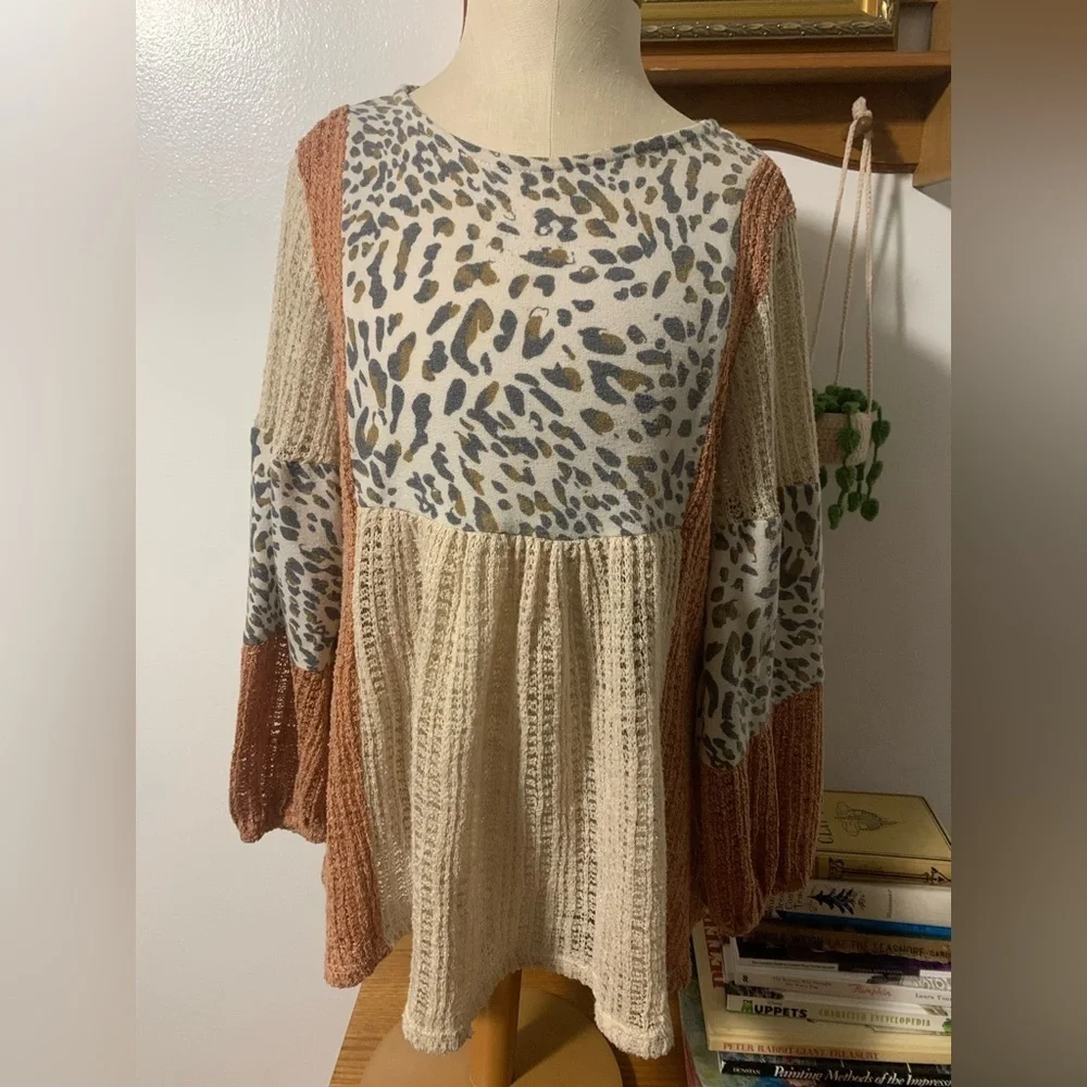 Ces Femme Pink and Gray Leopard Patchwork Boho Peasant Blouse - Picture 5 of 13